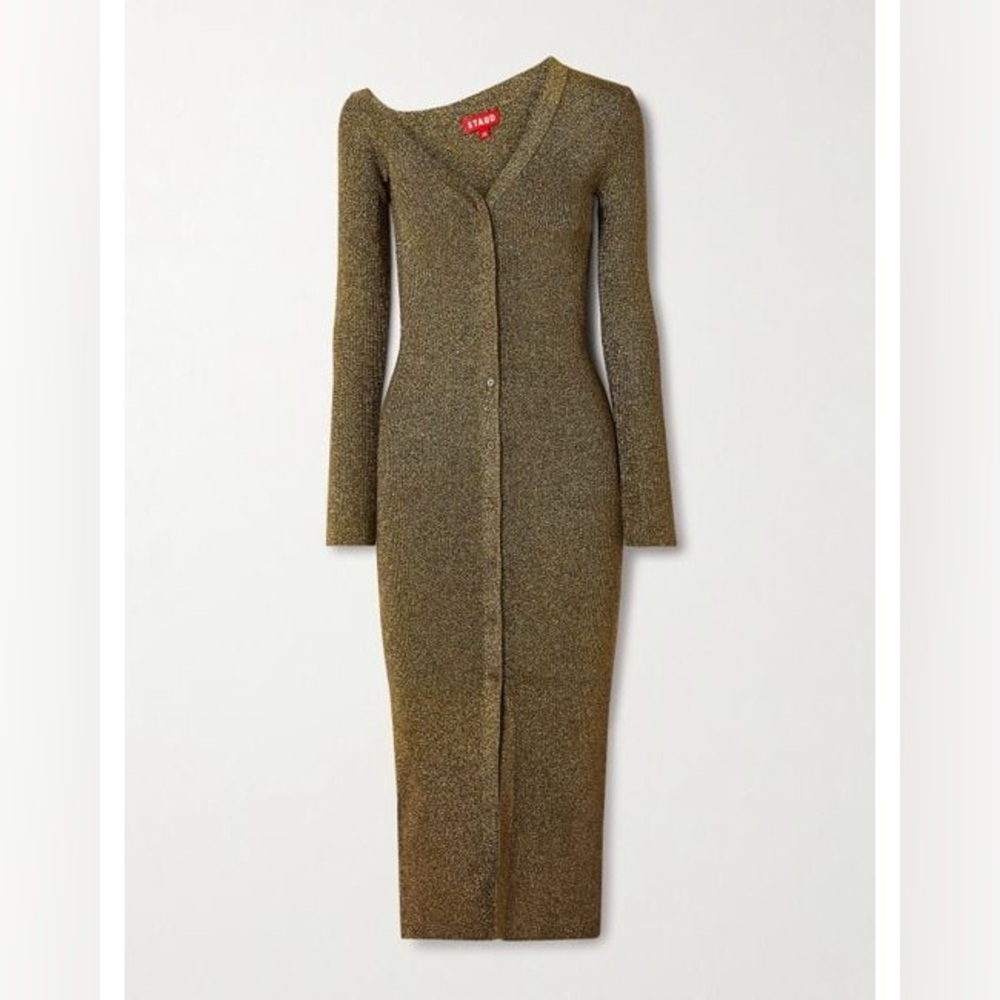 STAUD Craftsman Off-the-Shoulder Metallic Ribbed-Knit Midi Dress - Picture 3 of 13